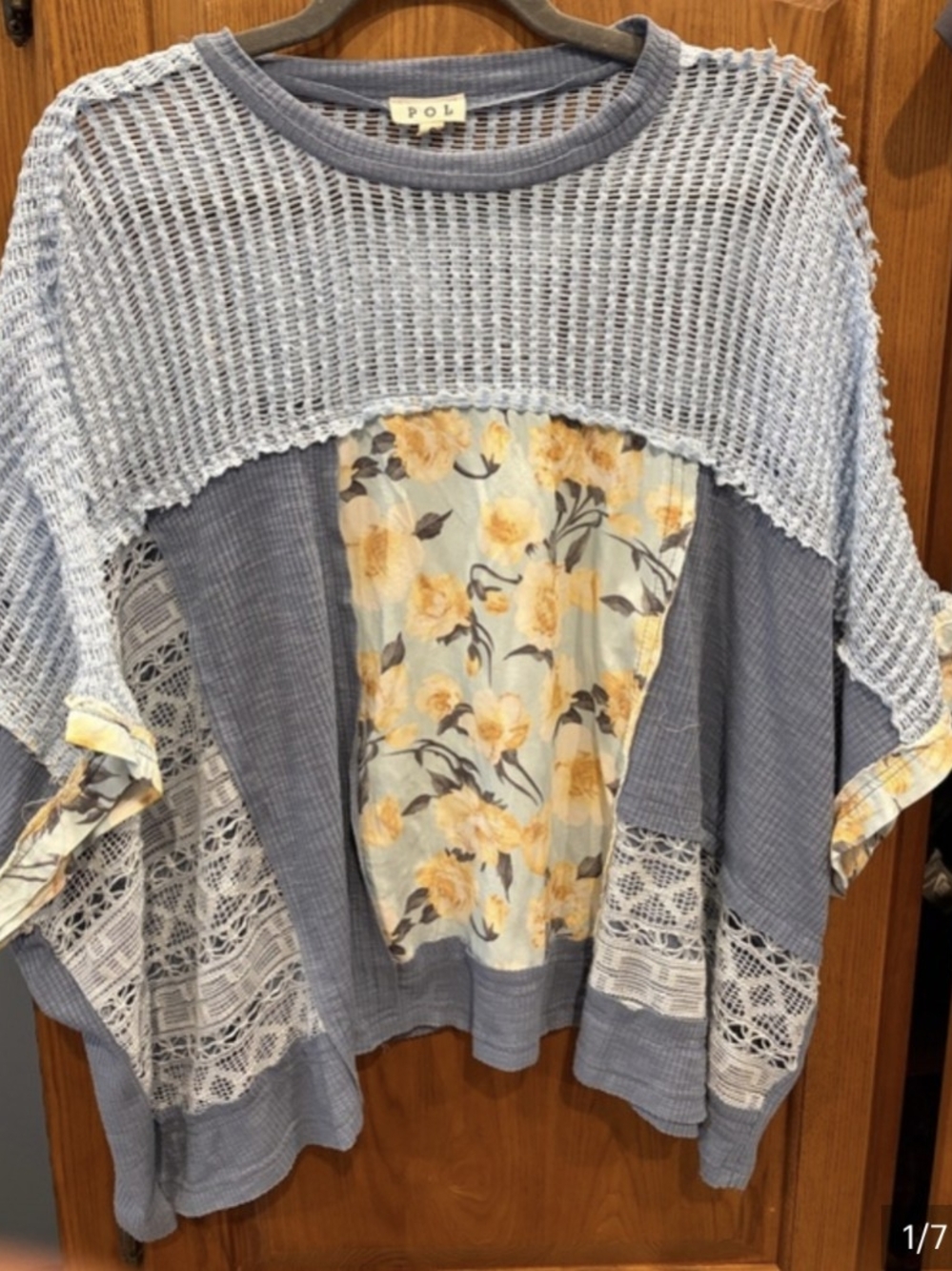 POL Blue Knit Panel Floral Poncho with Yellow Accents